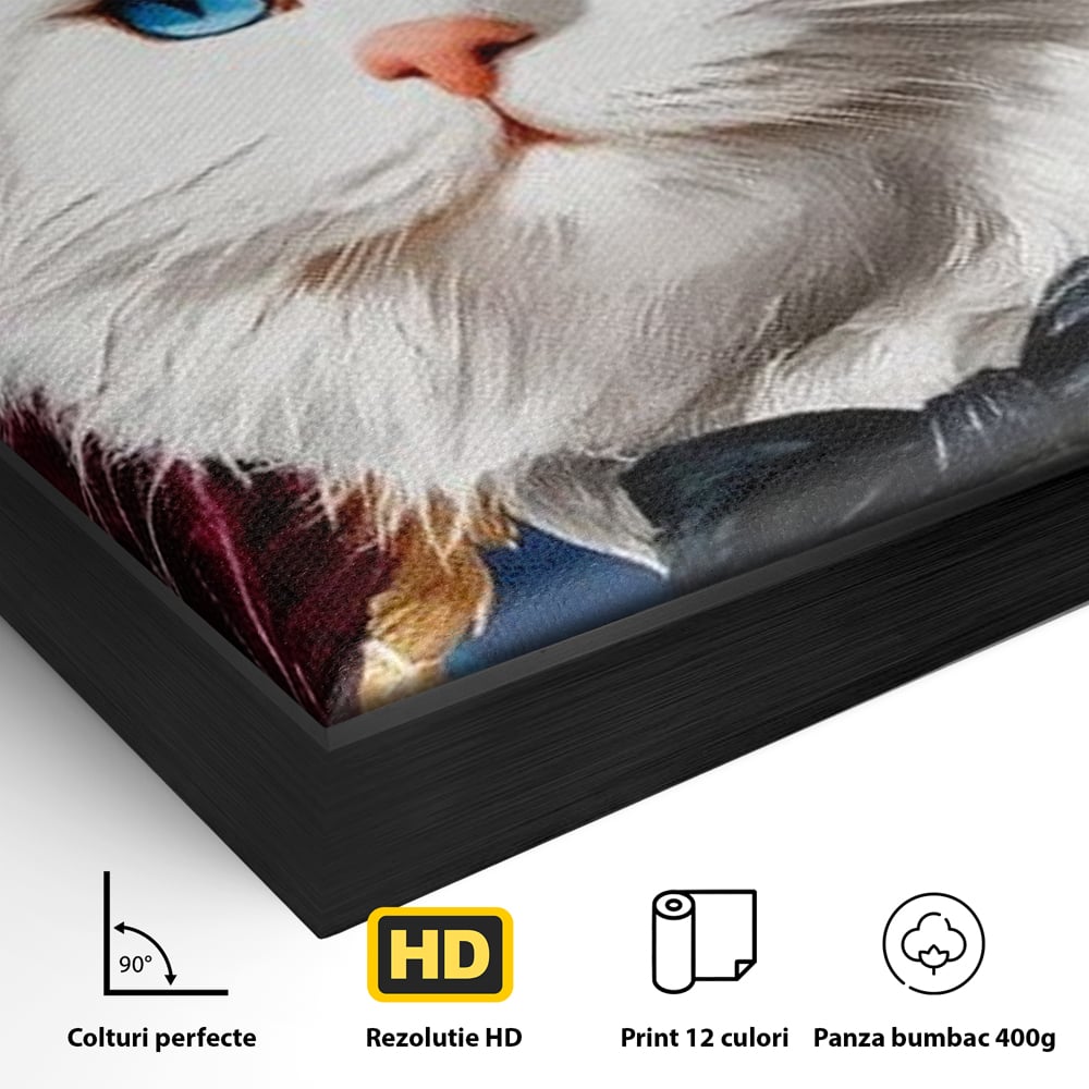 Detaliu al suprafetei: tablou canvas cu pisica in costum, in rama de aluminiu negru