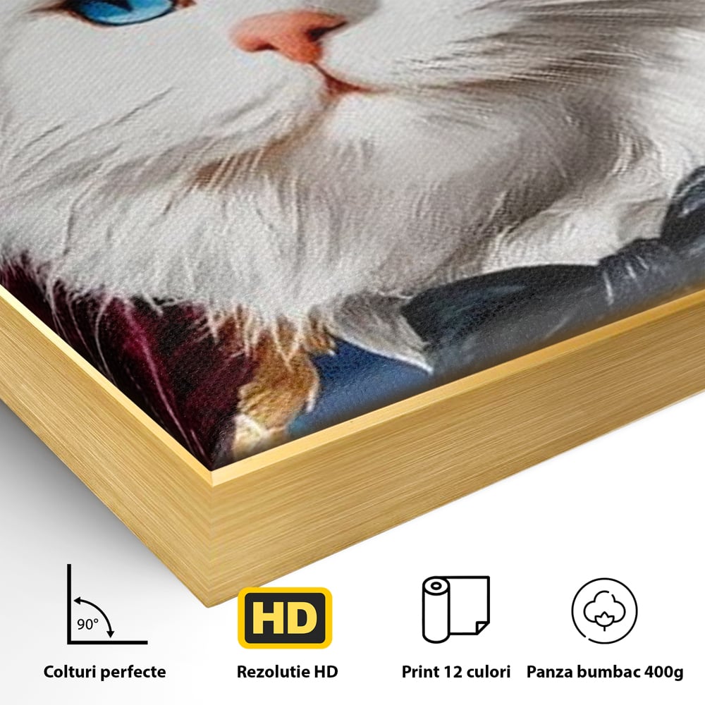 Detaliu al suprafetei: tablou canvas cu pisica in costum, in rama de aluminiu auriu