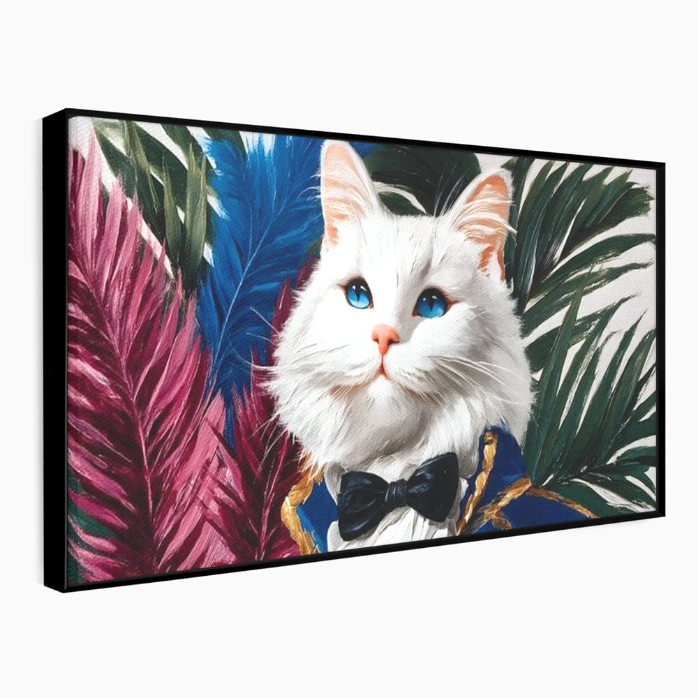 Tablou canvas cu tablou canvas cu pisica in costum, in rama de aluminiu negru