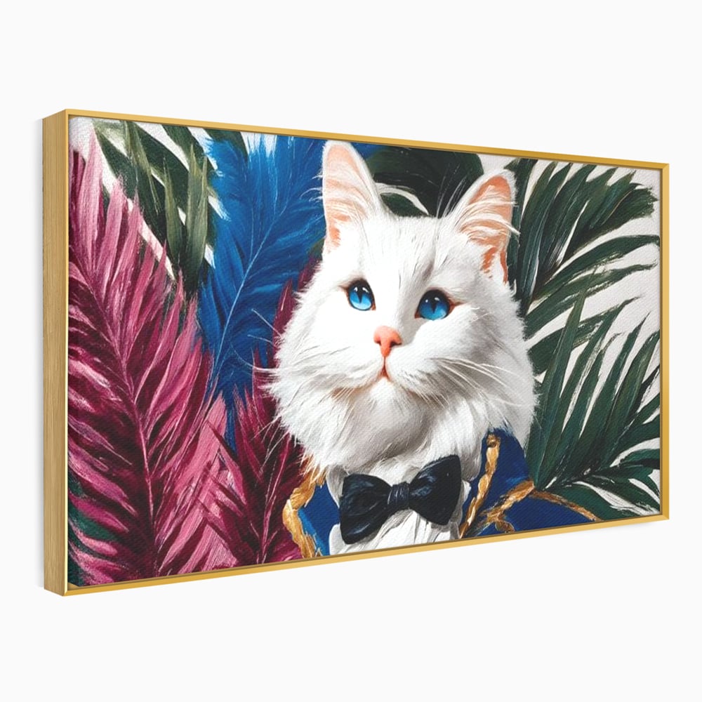 Tablou canvas cu tablou canvas cu pisica in costum, in rama de aluminiu auriu