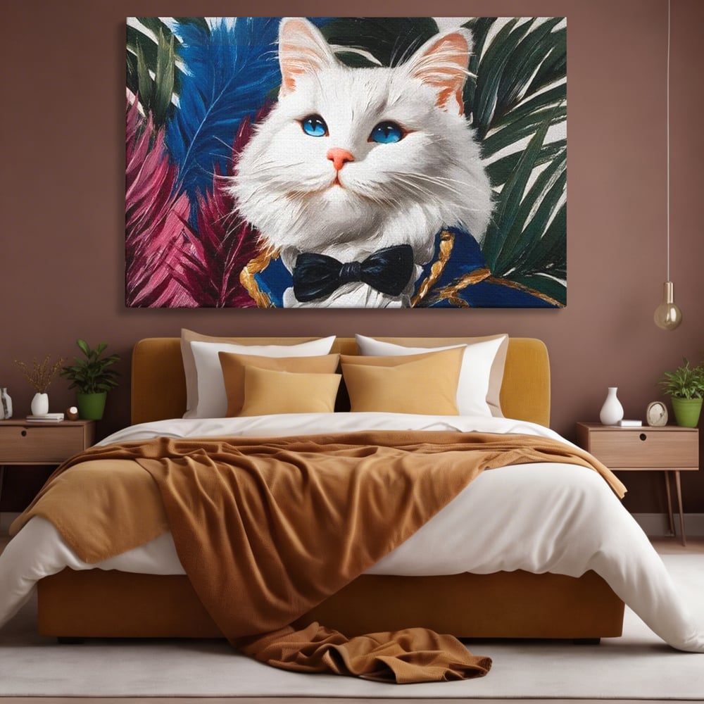 Tablou canvas cu tablou canvas cu pisica in costum, fara rama, pe sasiu de lemn, pe perete intr-un dormitor
