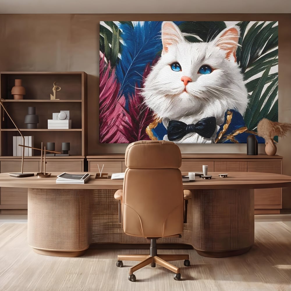 Tablou canvas cu tablou canvas cu pisica in costum, fara rama, pe sasiu de lemn, pe perete intr-un birou