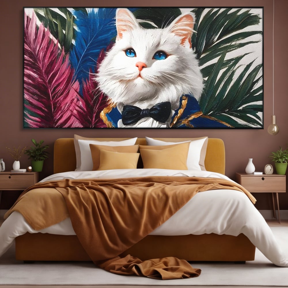 Tablou canvas cu tablou canvas cu pisica in costum, in rama de aluminiu negru, pe perete intr-un dormitor