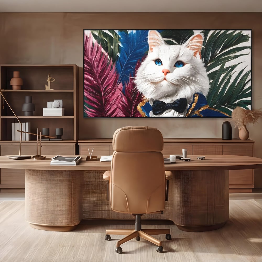 Tablou canvas cu tablou canvas cu pisica in costum, in rama de aluminiu negru, pe perete intr-un birou