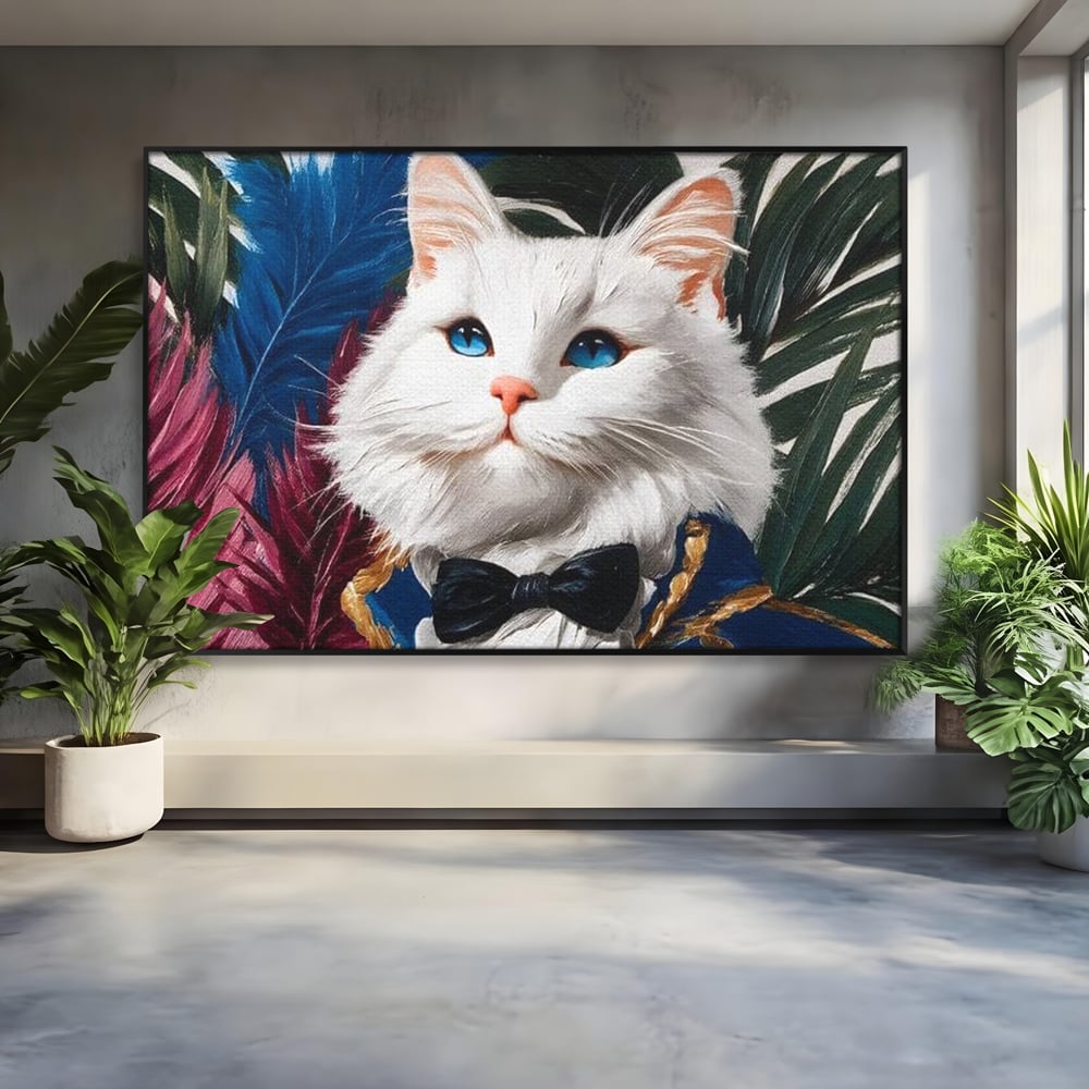 Tablou canvas cu tablou canvas cu pisica in costum, in rama de aluminiu negru