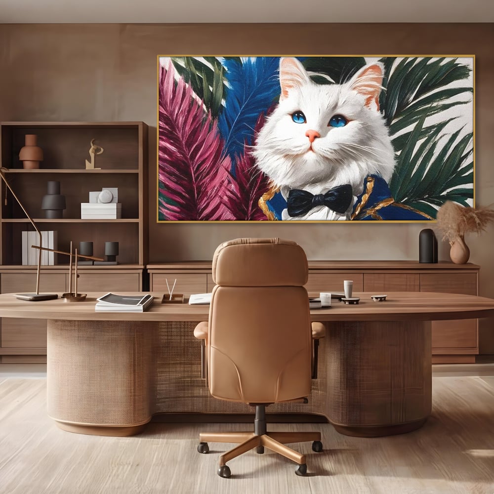 Tablou canvas cu tablou canvas cu pisica in costum, in rama de aluminiu auriu, pe perete intr-un birou