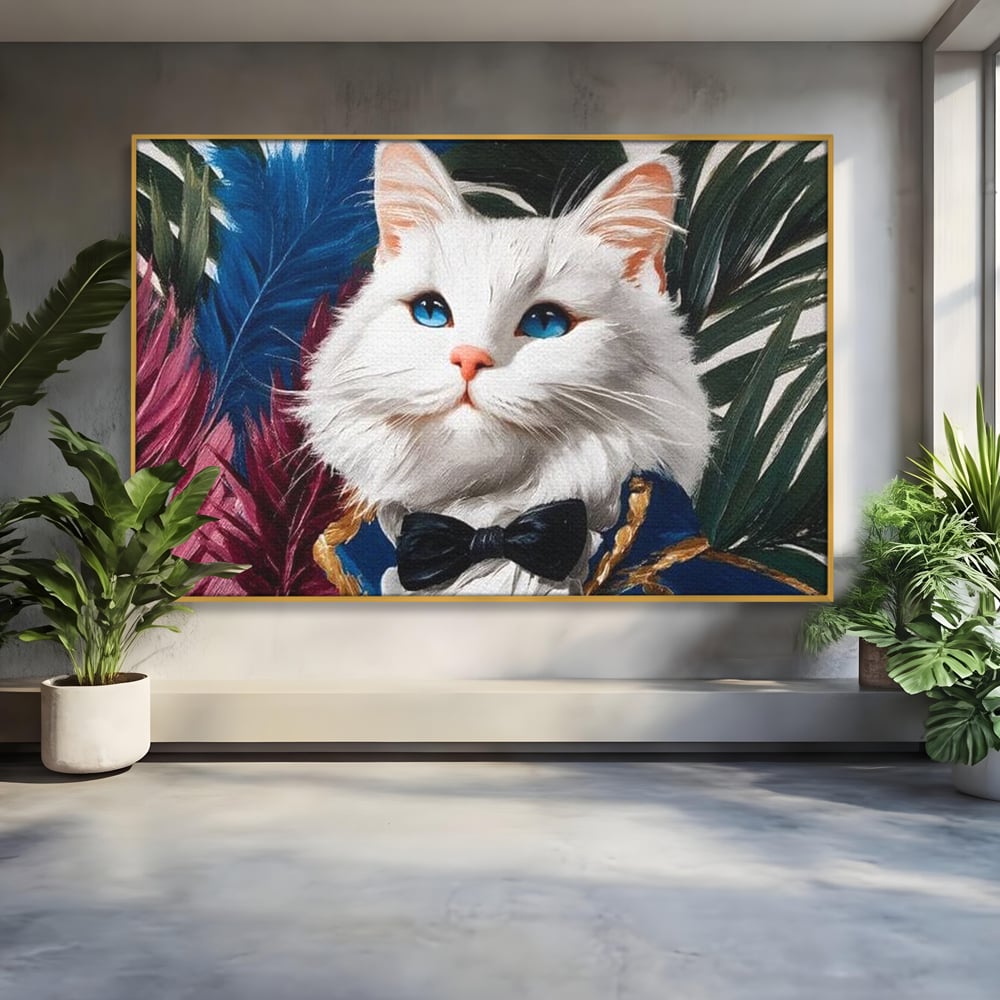 Tablou canvas cu tablou canvas cu pisica in costum, in rama de aluminiu auriu