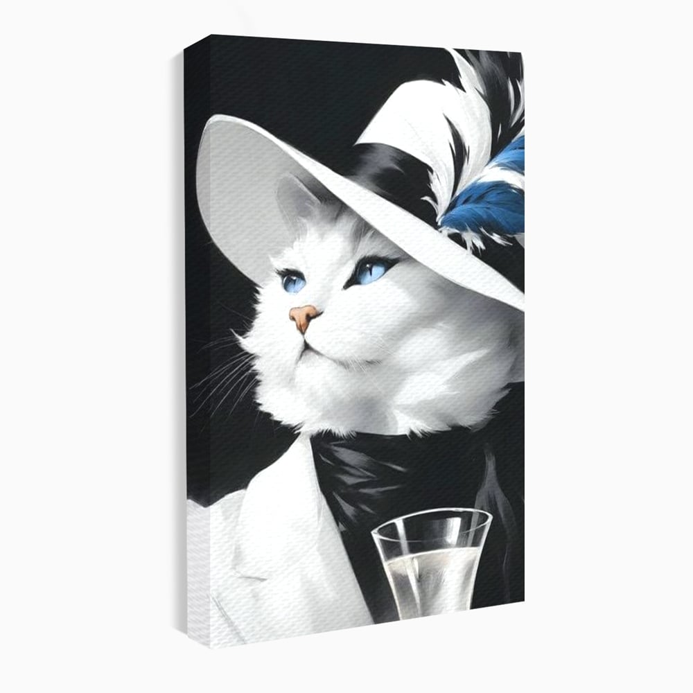 Tablou canvas cu tablou canvas cu pisica aristocrata purtand palarie, fara rama, pe sasiu de lemn