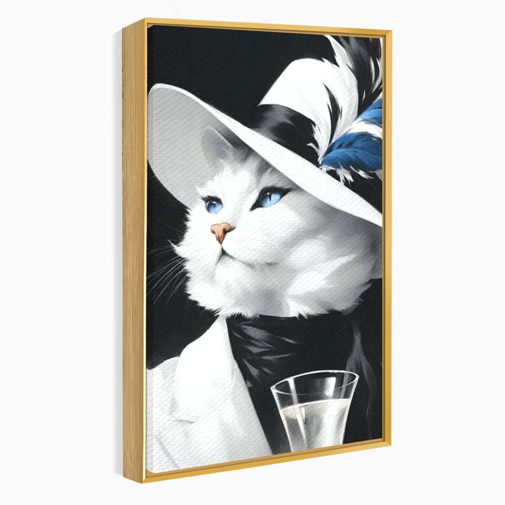 Tablou canvas cu tablou canvas cu pisica aristocrata purtand palarie, in rama de aluminiu auriu