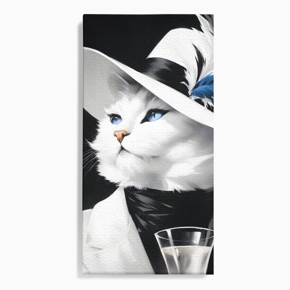 Tablou canvas cu tablou canvas cu pisica aristocrata purtand palarie, fara rama, pe sasiu de lemn