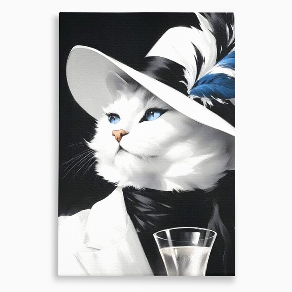 Tablou canvas cu tablou canvas cu pisica aristocrata purtand palarie, fara rama, pe sasiu de lemn