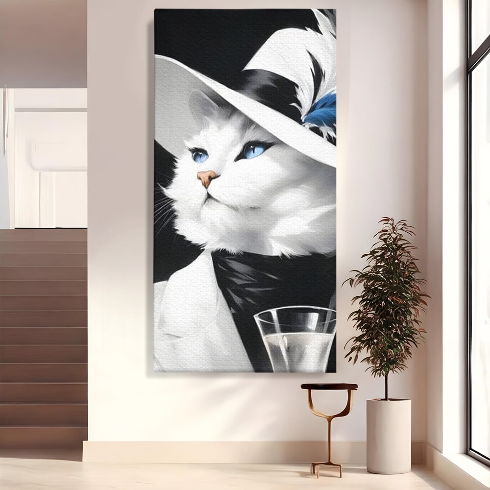 Tablou canvas cu tablou canvas cu pisica aristocrata purtand palarie, fara rama, pe sasiu de lemn