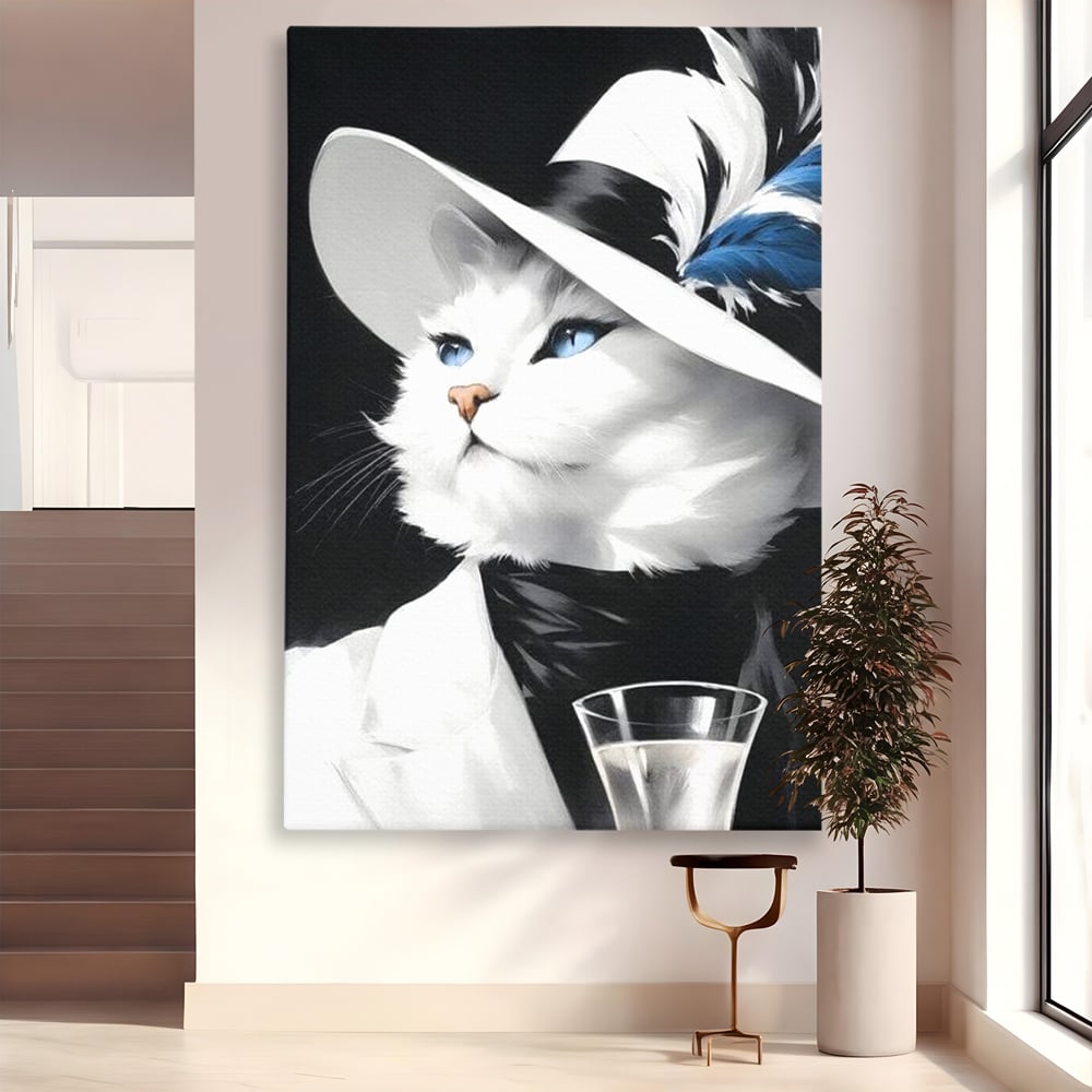 Tablou canvas cu tablou canvas cu pisica aristocrata purtand palarie, fara rama, pe sasiu de lemn