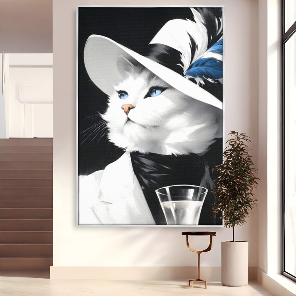 Tablou canvas cu tablou canvas cu pisica aristocrata purtand palarie, in rama de aluminiu argintiu