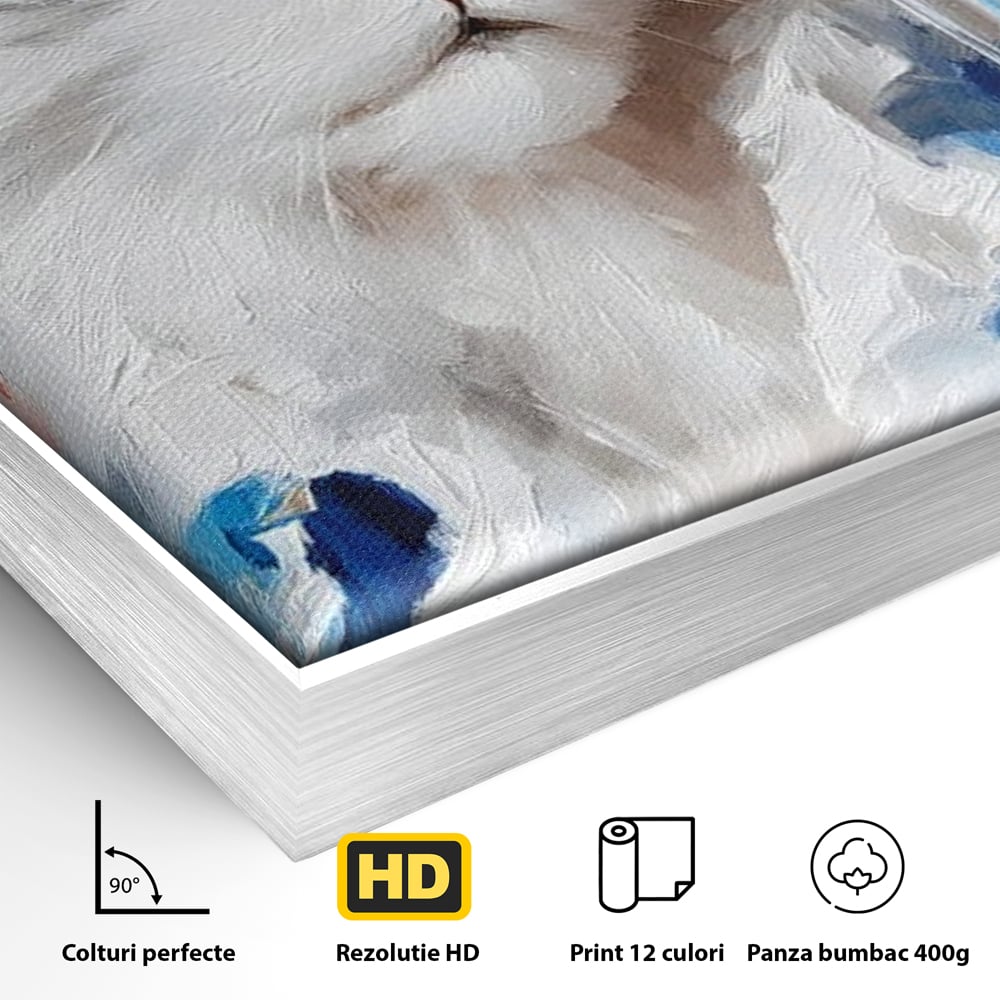 Detaliu al suprafetei: pictura cu pisica in costum si palarie, in rama de aluminiu argintiu