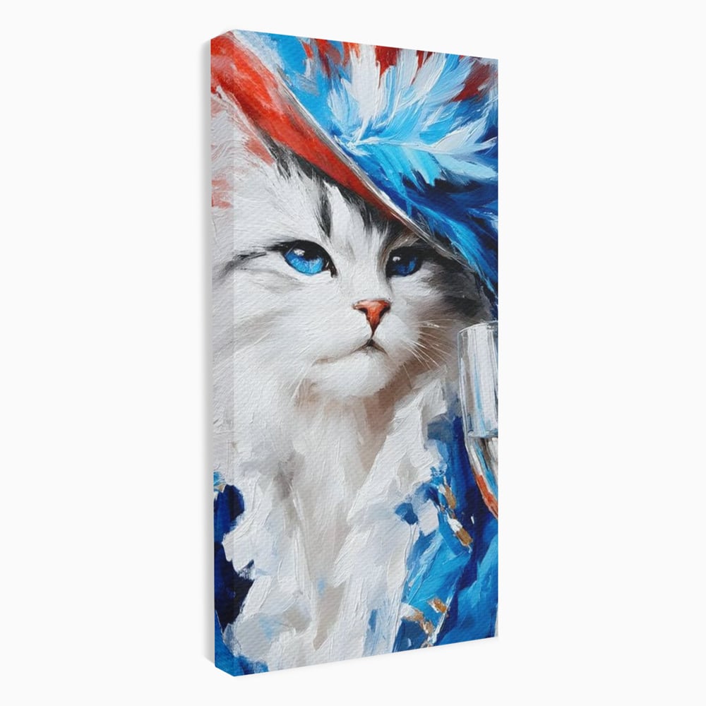 Tablou canvas cu pictura cu pisica in costum si palarie, fara rama, pe sasiu de lemn