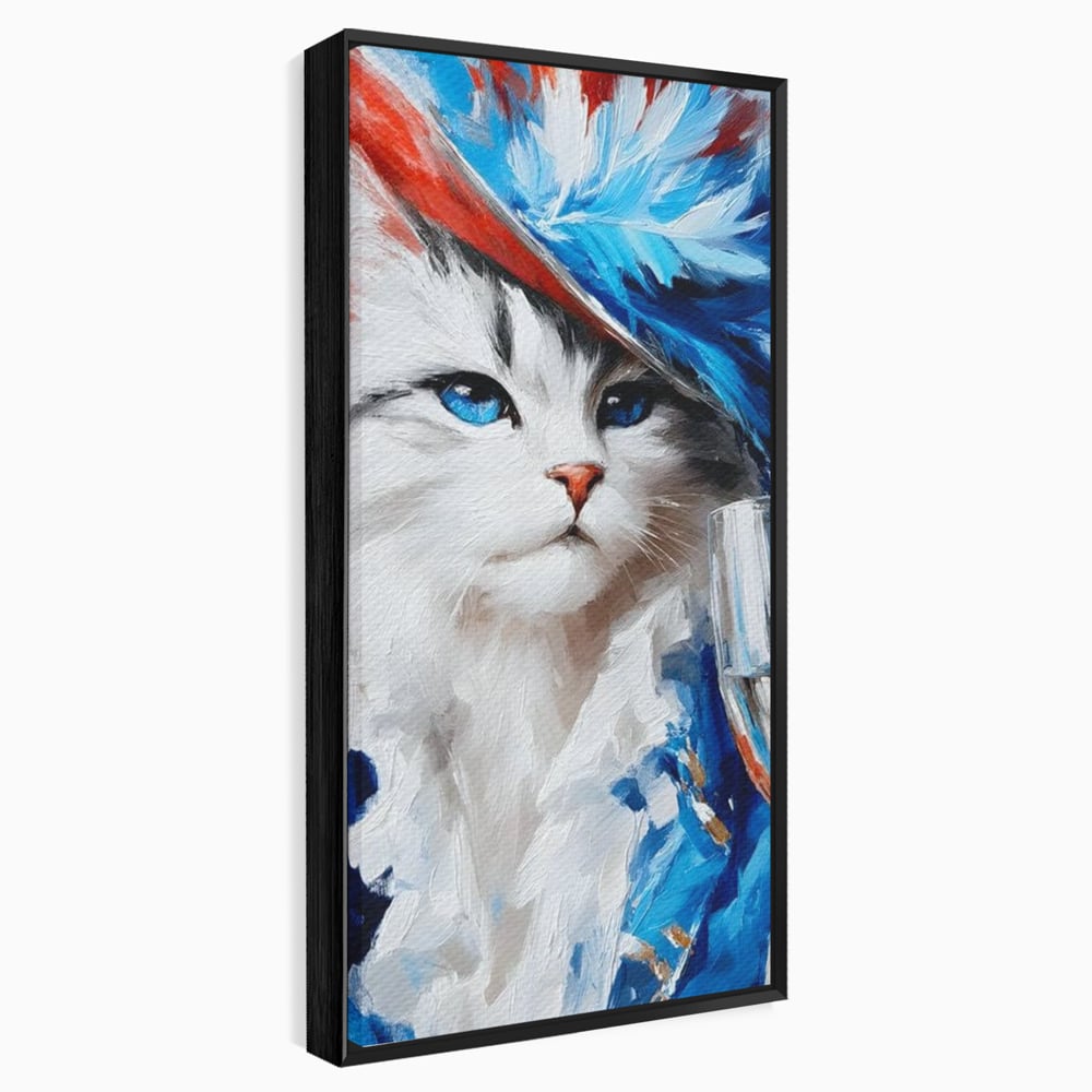 Tablou canvas cu pictura cu pisica in costum si palarie, in rama de aluminiu negru