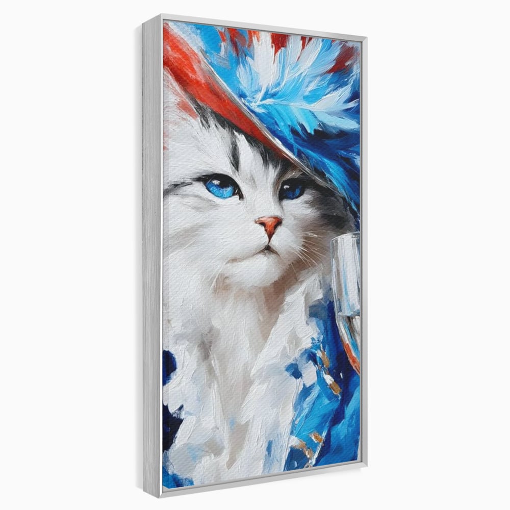 Tablou canvas cu pictura cu pisica in costum si palarie, in rama de aluminiu argintiu