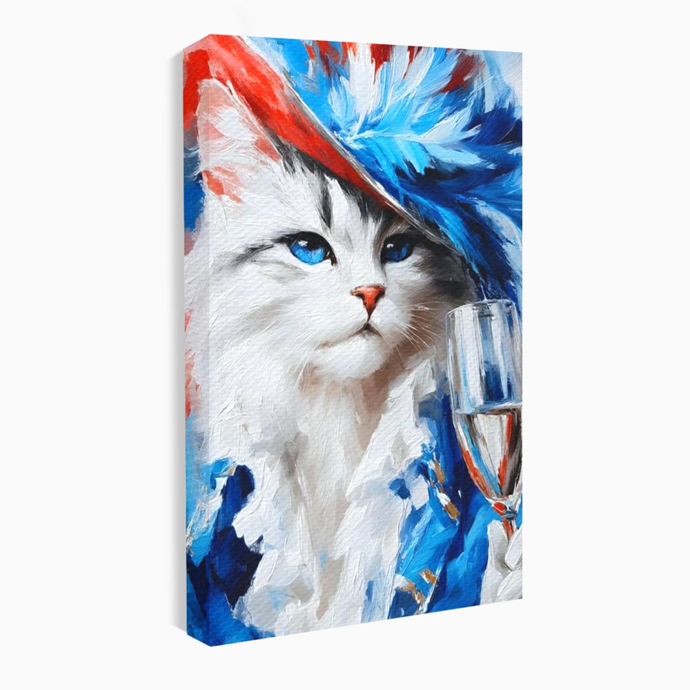 Tablou canvas cu pictura cu pisica in costum si palarie, fara rama, pe sasiu de lemn