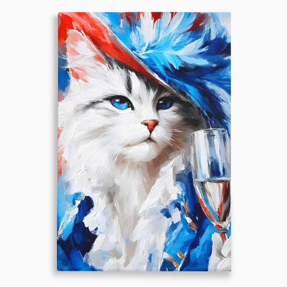 Tablou canvas cu pictura cu pisica in costum si palarie, fara rama, pe sasiu de lemn