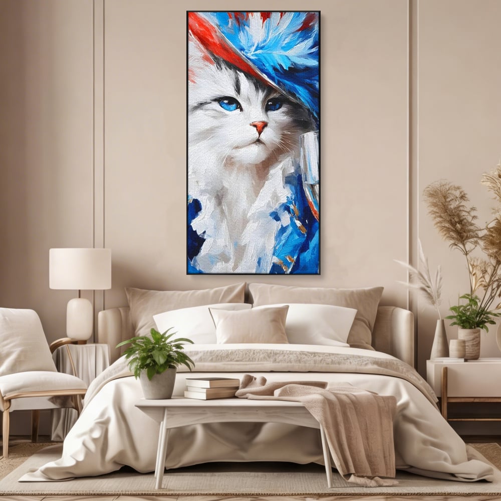 Tablou canvas cu pictura cu pisica in costum si palarie, in rama de aluminiu negru, pe perete intr-un dormitor
