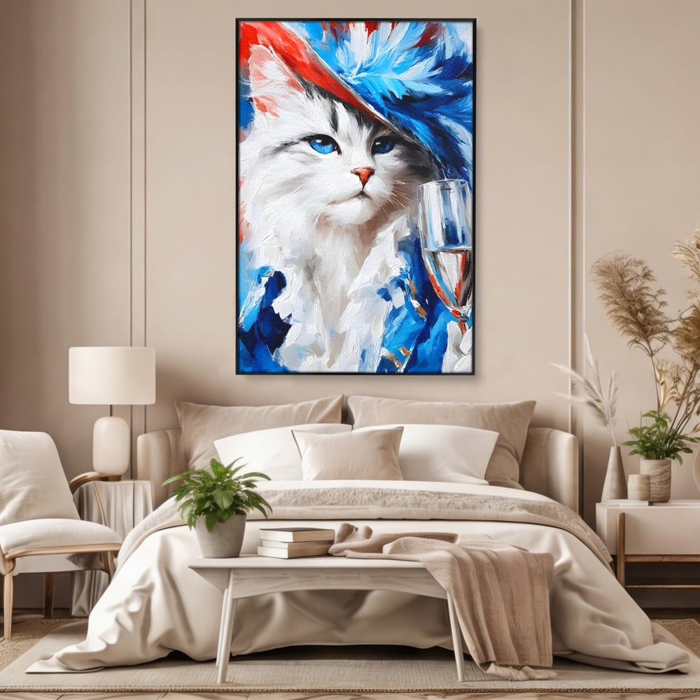 Tablou canvas cu pictura cu pisica in costum si palarie, in rama de aluminiu negru, pe perete intr-un dormitor