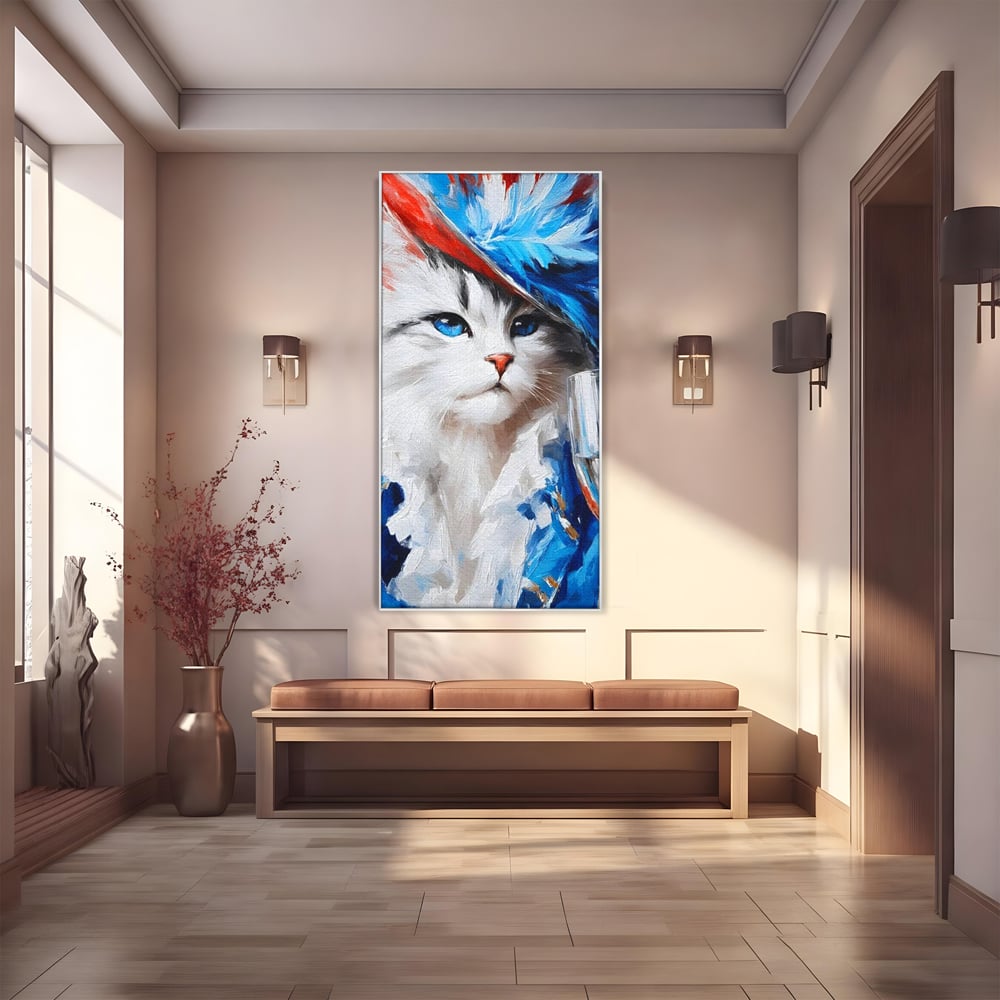 Tablou canvas cu pictura cu pisica in costum si palarie, in rama de aluminiu argintiu