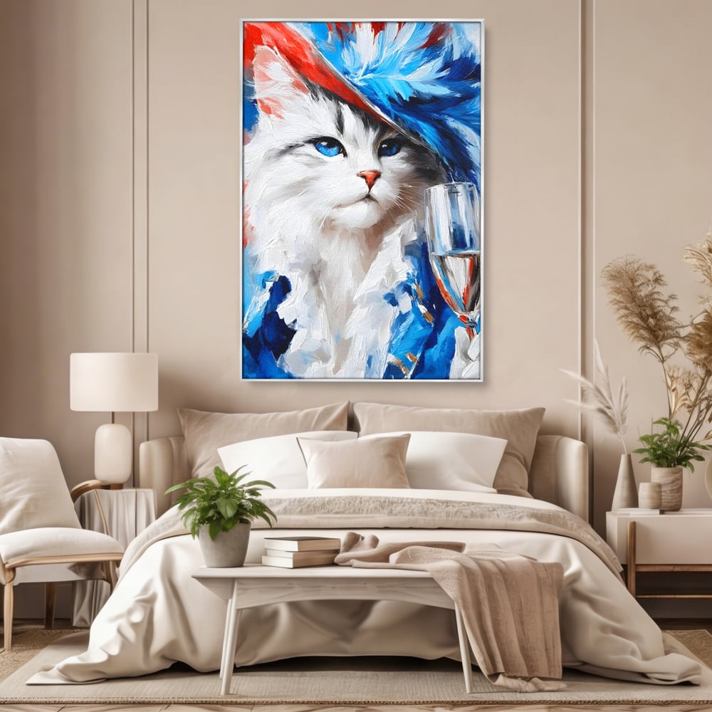 Tablou canvas cu pictura cu pisica in costum si palarie, in rama de aluminiu argintiu, pe perete intr-un dormitor