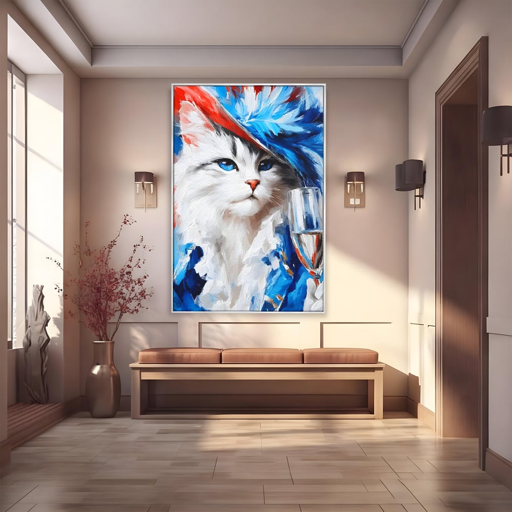 Tablou canvas cu pictura cu pisica in costum si palarie, in rama de aluminiu argintiu