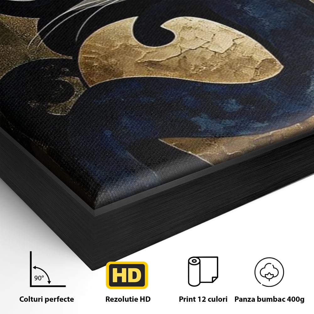 Detaliu al suprafetei: tablou canvas cu pisica neagra si aurie, in rama de aluminiu negru