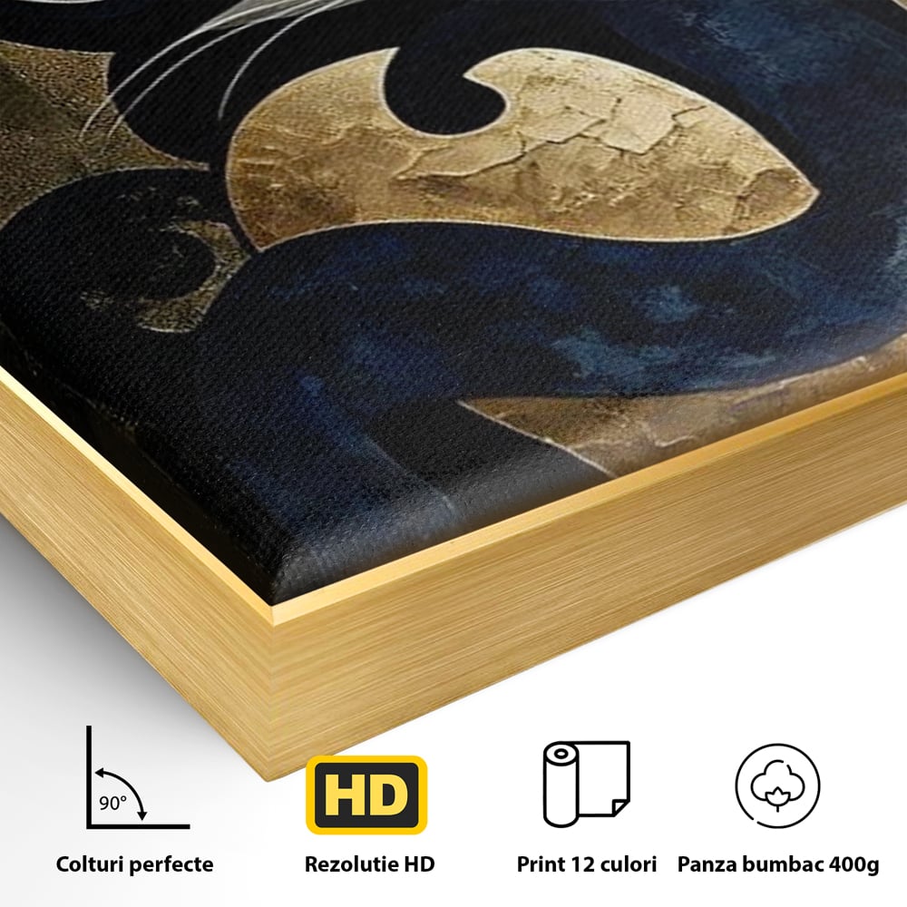 Detaliu al suprafetei: tablou canvas cu pisica neagra si aurie, in rama de aluminiu auriu