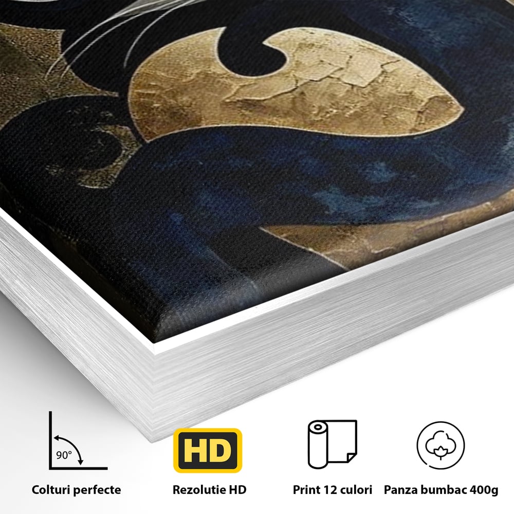 Detaliu al suprafetei: tablou canvas cu pisica neagra si aurie, in rama de aluminiu argintiu