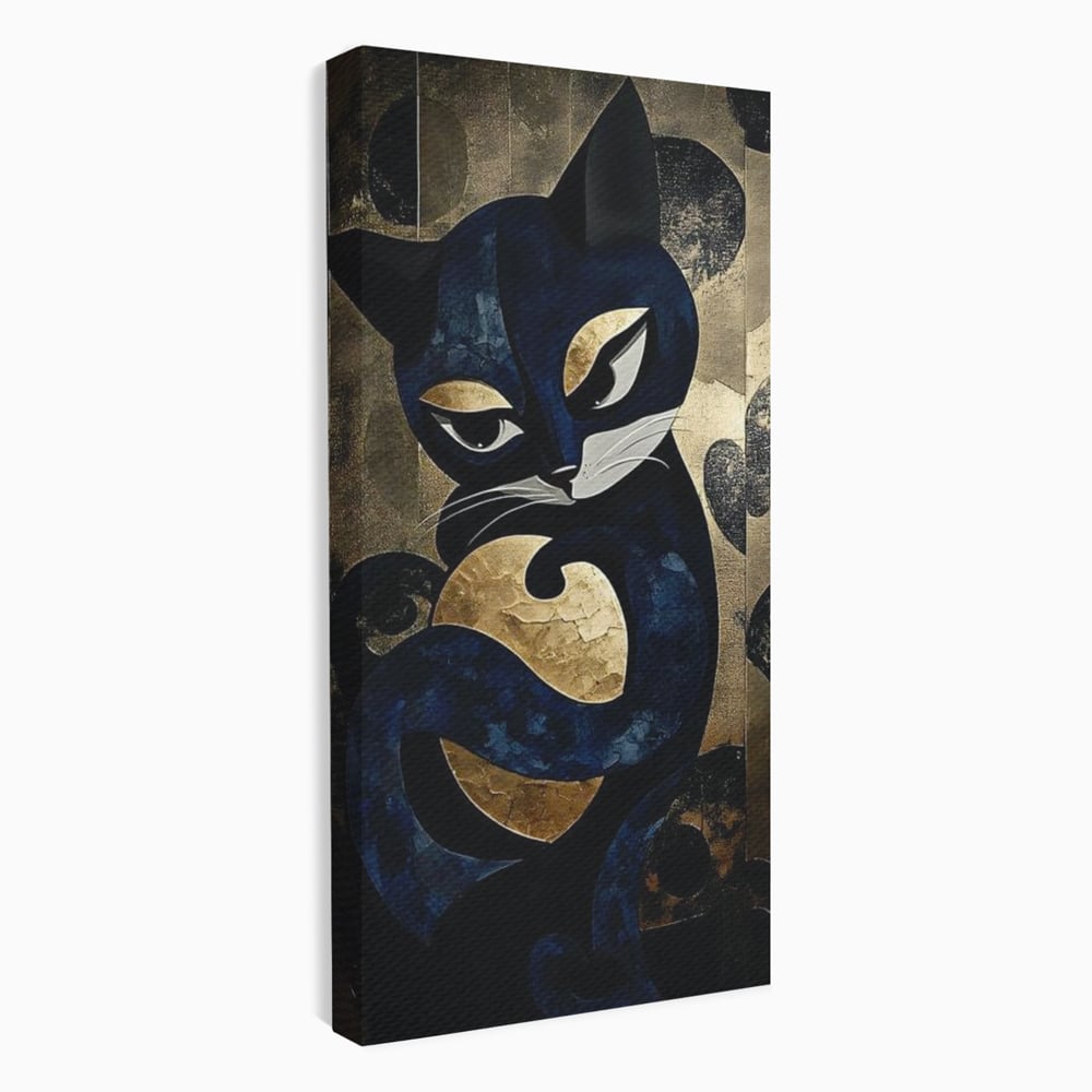 Tablou canvas cu tablou canvas cu pisica neagra si aurie, fara rama, pe sasiu de lemn