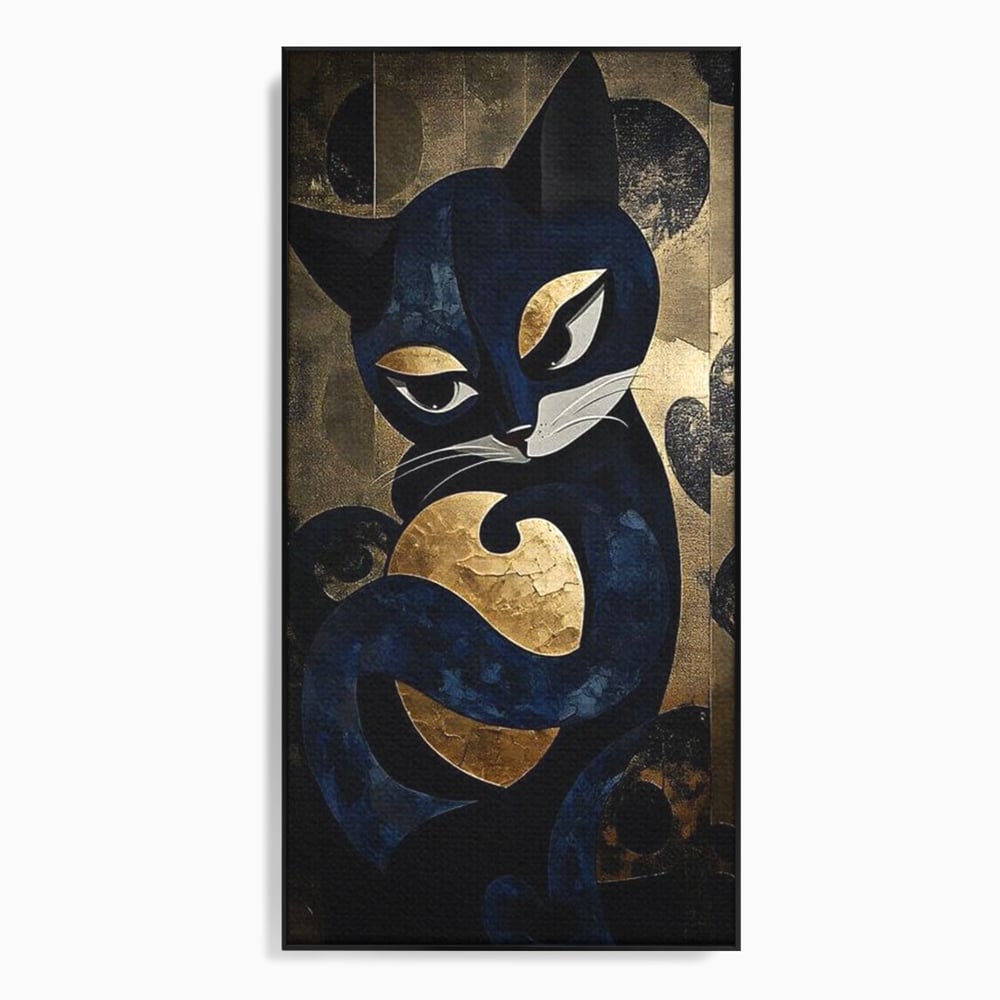 Tablou canvas cu tablou canvas cu pisica neagra si aurie, in rama de aluminiu negru