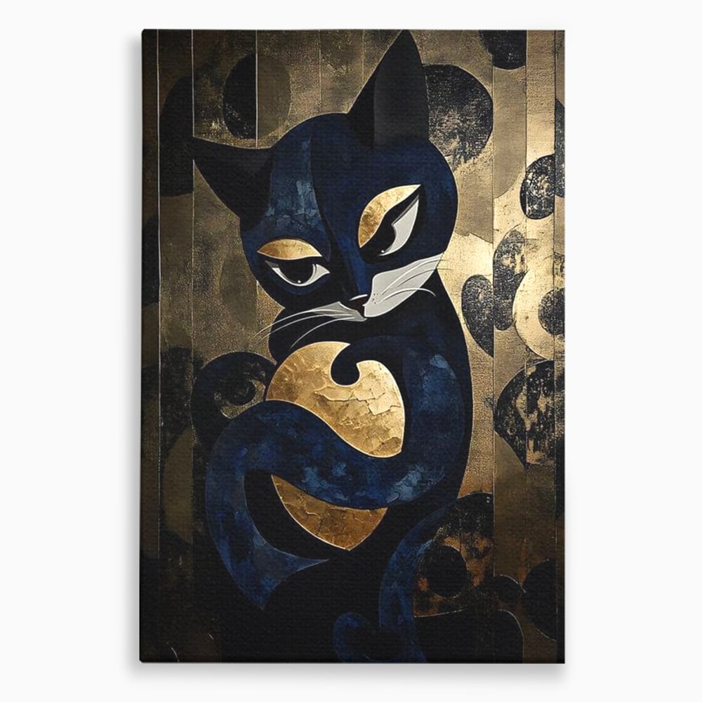 Tablou canvas cu tablou canvas cu pisica neagra si aurie, fara rama, pe sasiu de lemn