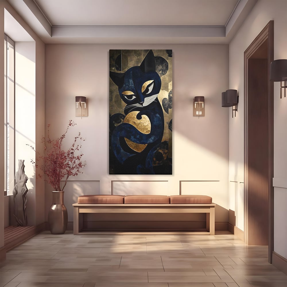 Tablou canvas cu tablou canvas cu pisica neagra si aurie, fara rama, pe sasiu de lemn