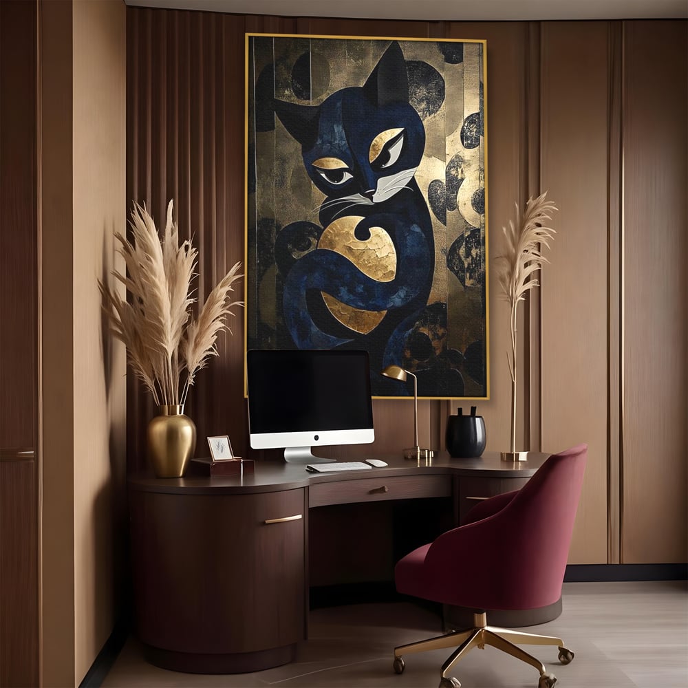 Tablou canvas cu tablou canvas cu pisica neagra si aurie, in rama de aluminiu auriu, pe perete intr-un birou