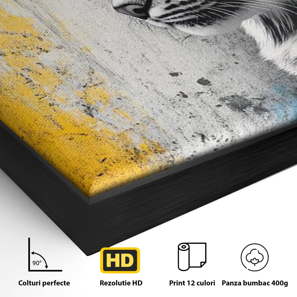Detaliu al suprafetei: tablou canvas cu ras salbatic in stil graffiti, in rama de aluminiu negru