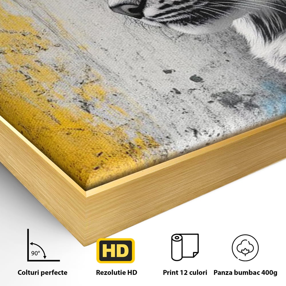 Detaliu al suprafetei: tablou canvas cu ras salbatic in stil graffiti, in rama de aluminiu auriu