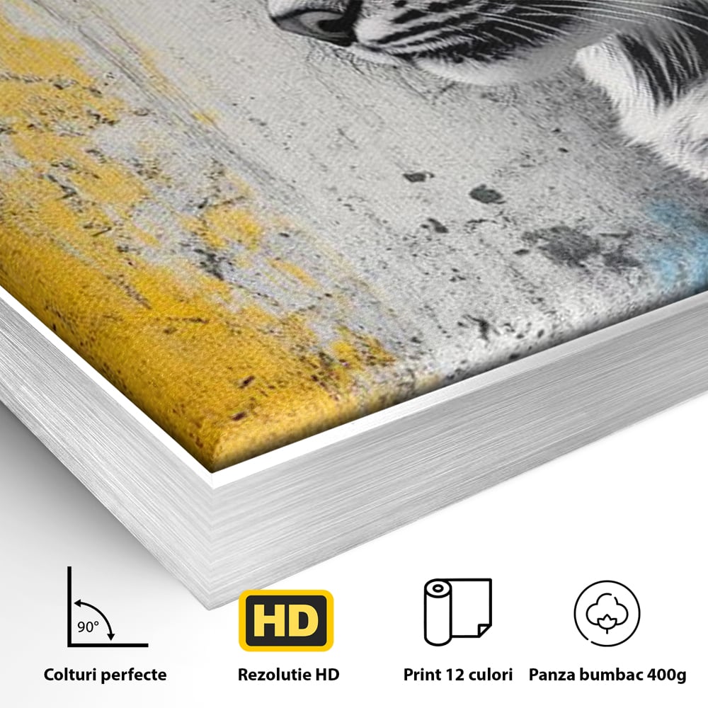 Detaliu al suprafetei: tablou canvas cu ras salbatic in stil graffiti, in rama de aluminiu argintiu