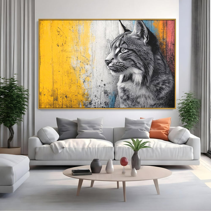 Tablou canvas cu tablou canvas cu ras salbatic in stil graffiti, in rama de aluminiu auriu, pe perete intr-un living