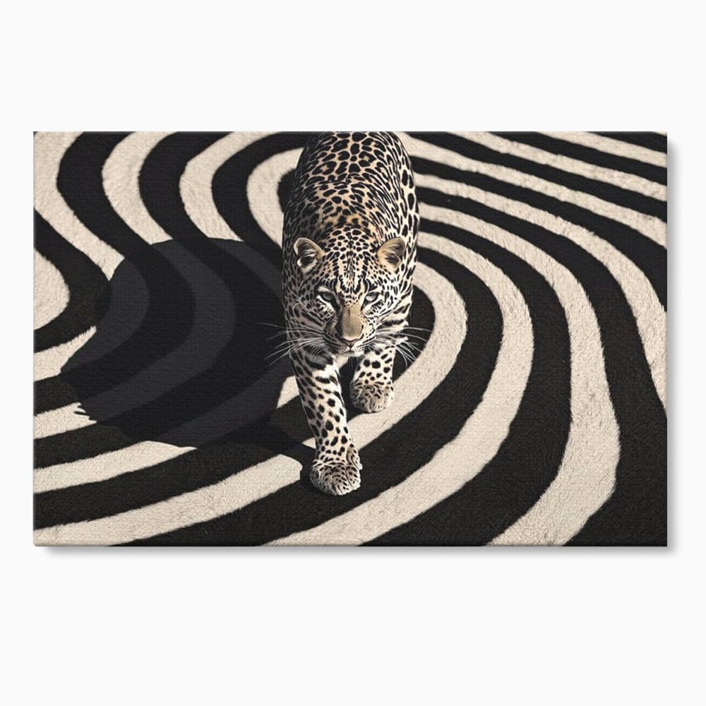 Tablou canvas cu tablou canvas cu leopard pe fundal spiralat alb-negru, fara rama, pe sasiu de lemn
