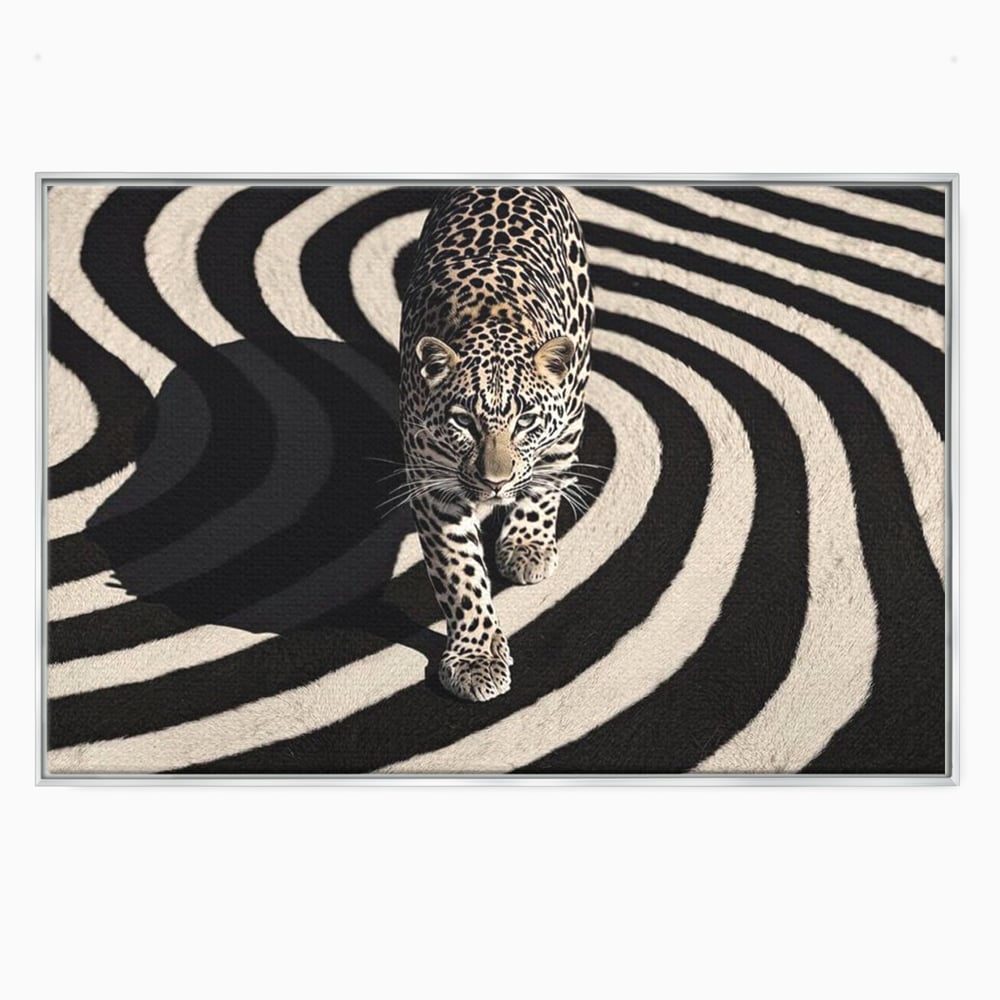 Tablou canvas cu tablou canvas cu leopard pe fundal spiralat alb-negru, in rama de aluminiu argintiu