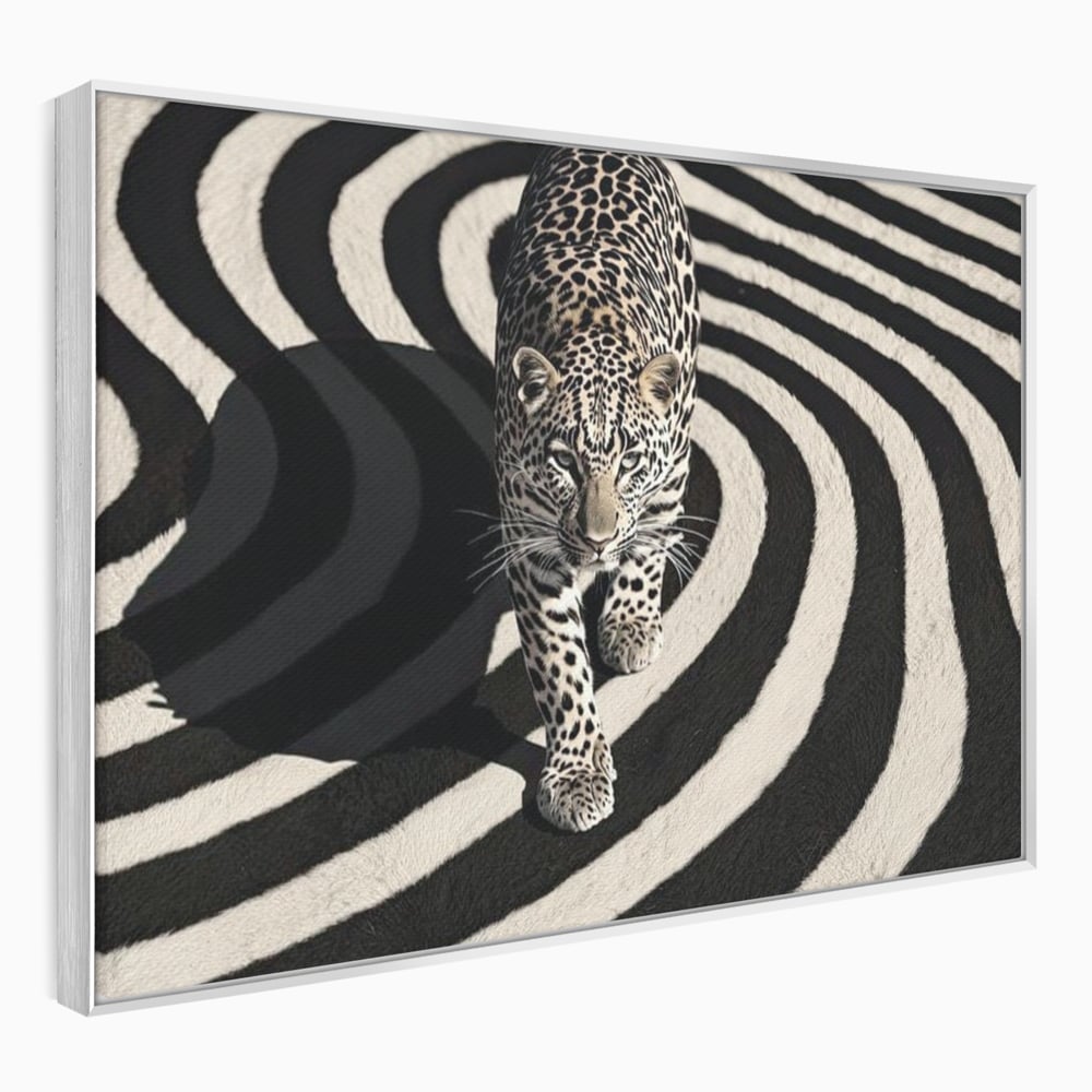 Tablou canvas cu tablou canvas cu leopard pe fundal spiralat alb-negru, in rama de aluminiu argintiu