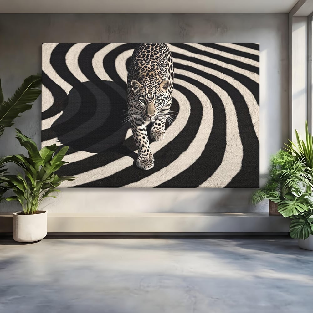 Tablou canvas cu tablou canvas cu leopard pe fundal spiralat alb-negru, fara rama, pe sasiu de lemn