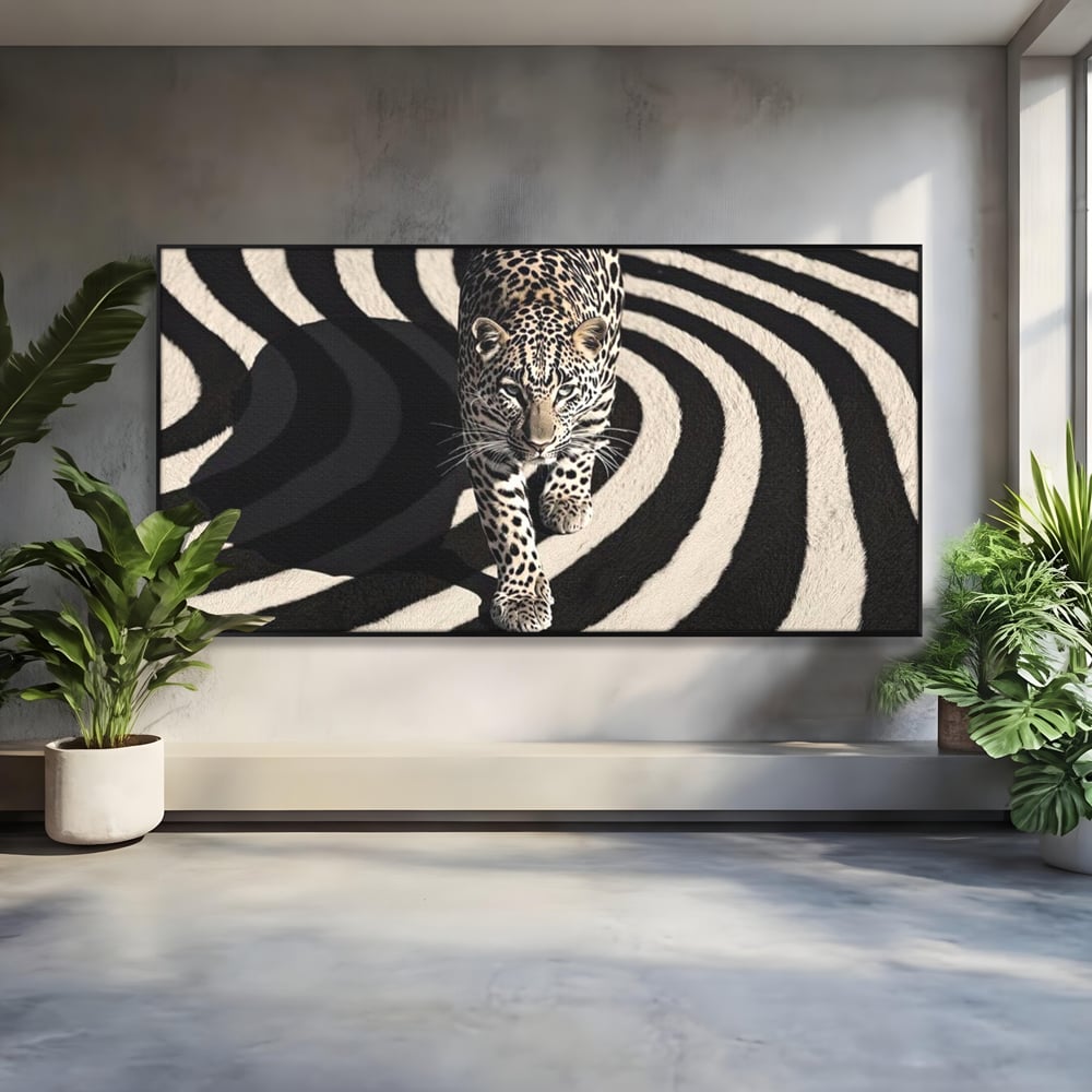 Tablou canvas cu tablou canvas cu leopard pe fundal spiralat alb-negru, in rama de aluminiu negru