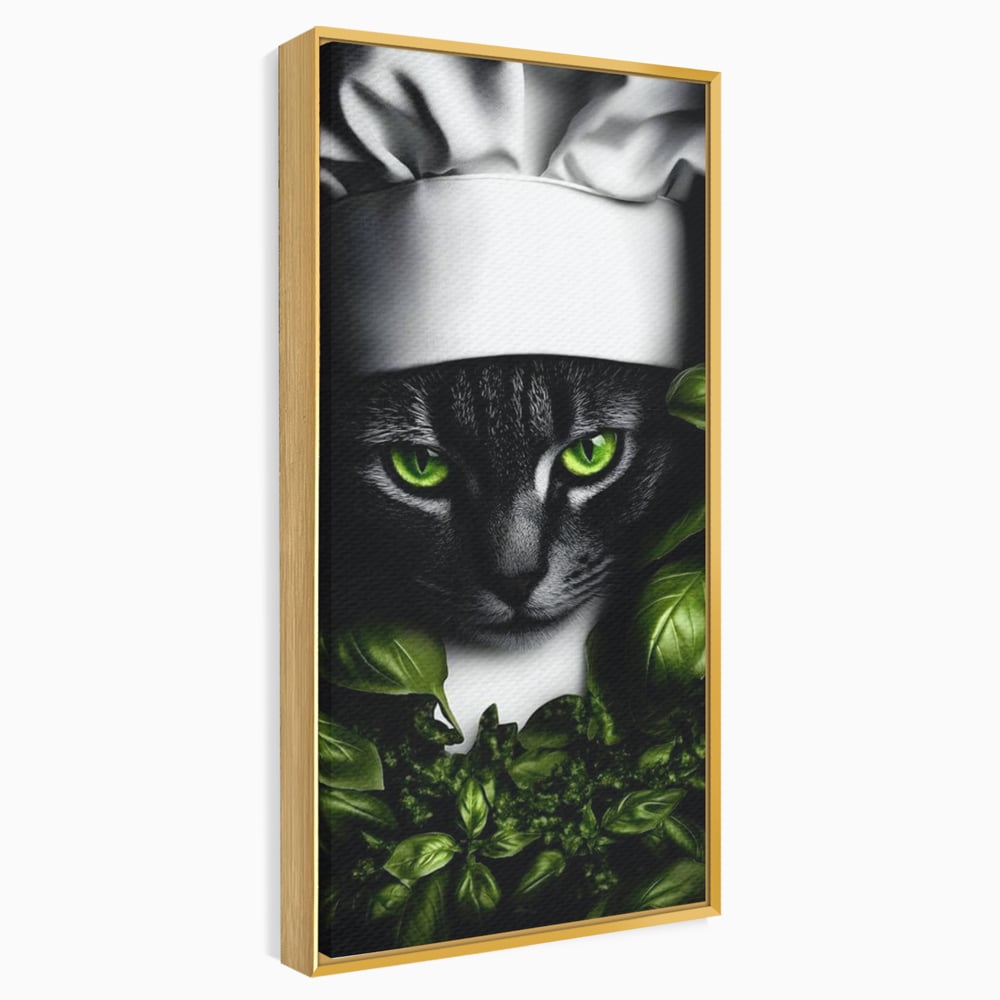 Tablou canvas cu tablou canvas cu pisica bucatar si frunze, in rama de aluminiu auriu
