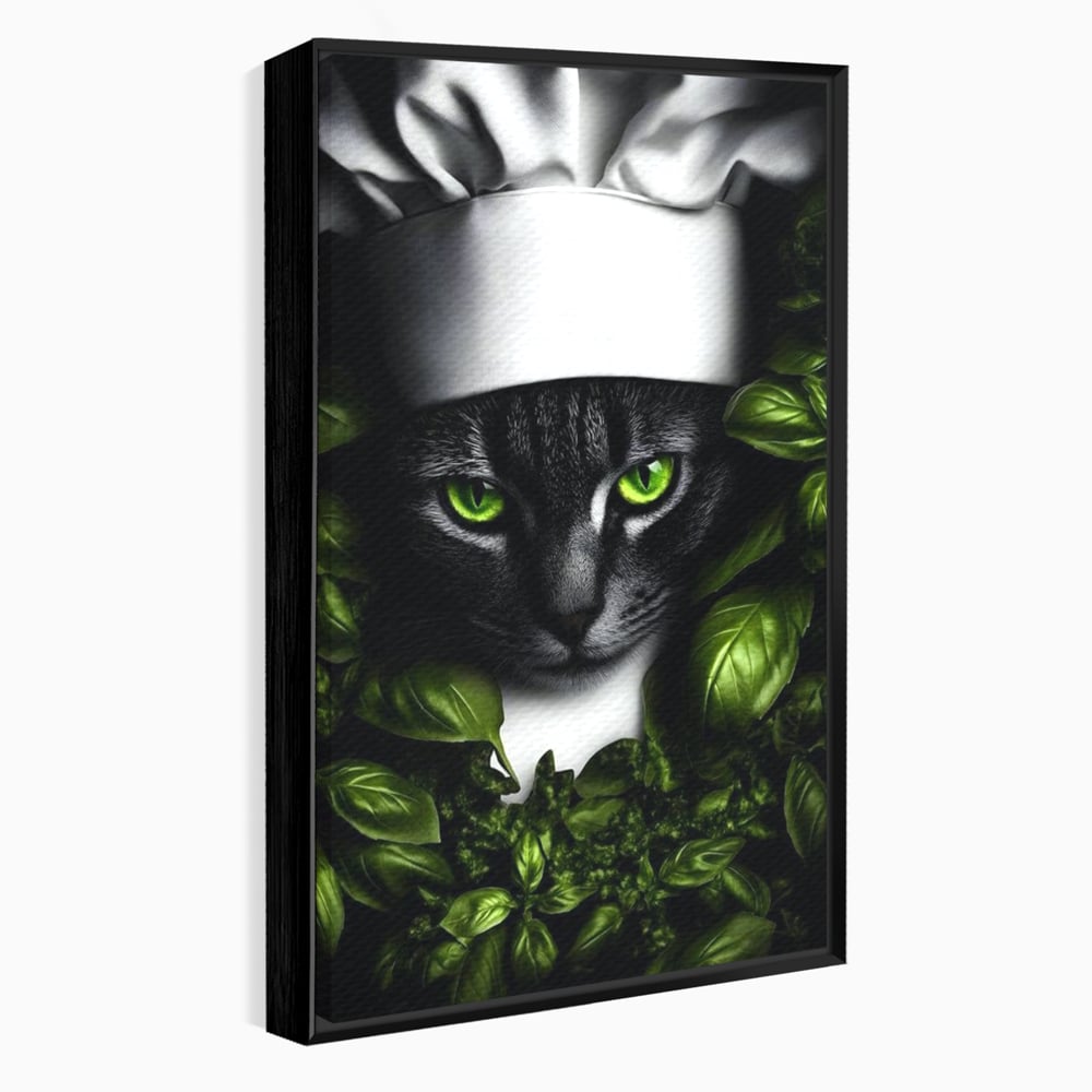Tablou canvas cu tablou canvas cu pisica bucatar si frunze, in rama de aluminiu negru