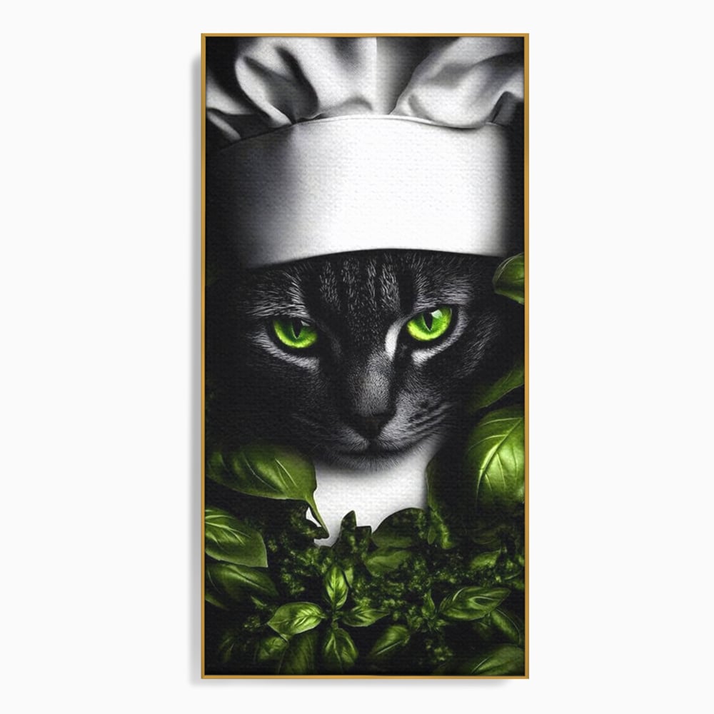 Tablou canvas cu tablou canvas cu pisica bucatar si frunze, in rama de aluminiu auriu