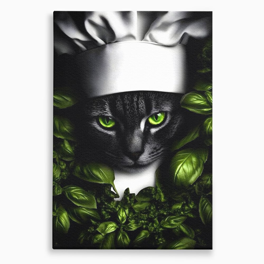 Tablou canvas cu tablou canvas cu pisica bucatar si frunze, fara rama, pe sasiu de lemn